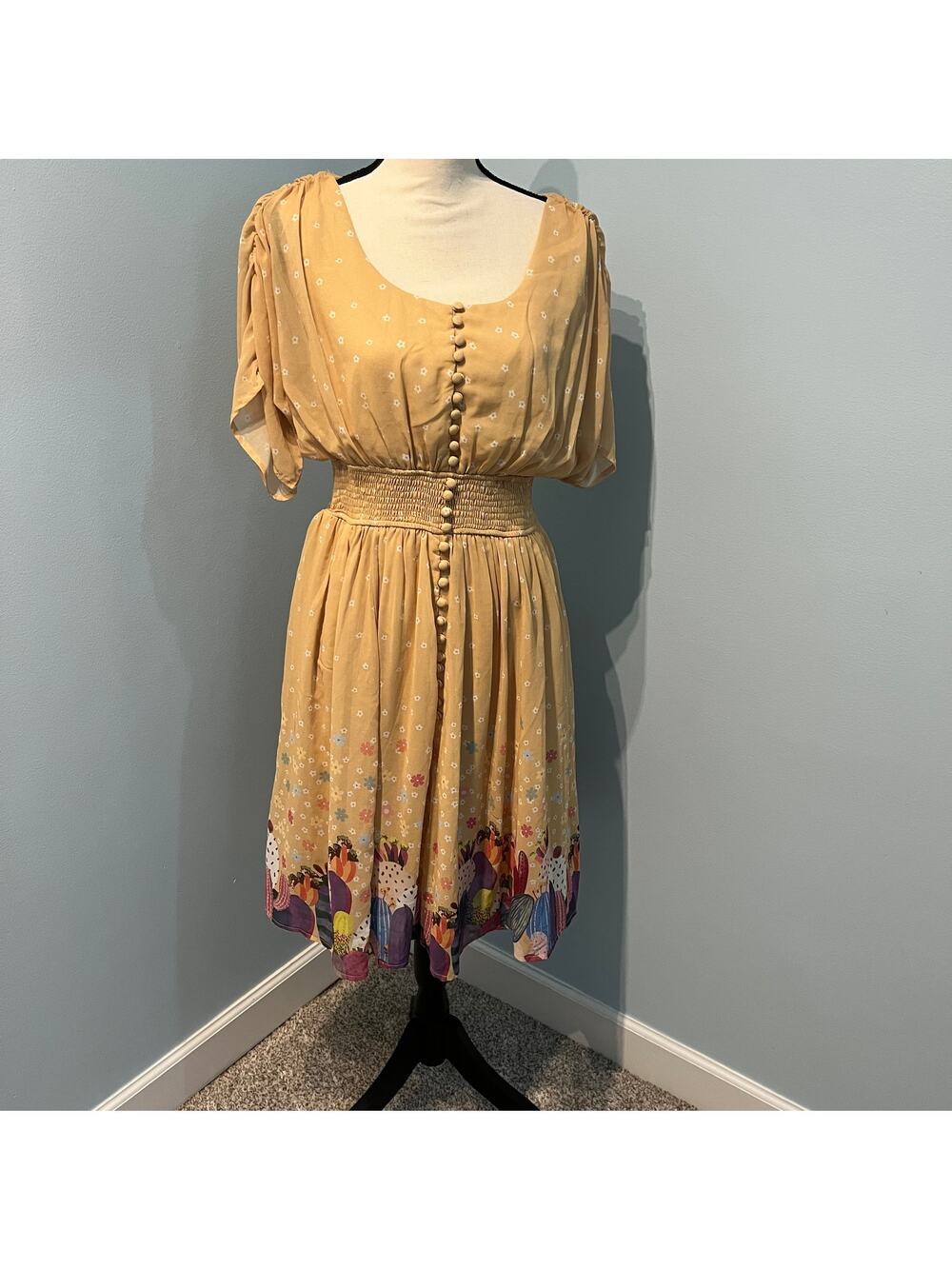 Wayward Fancies x eShakti Cactus Brdr Print Dress Smocked Waist Boho Cottagecore